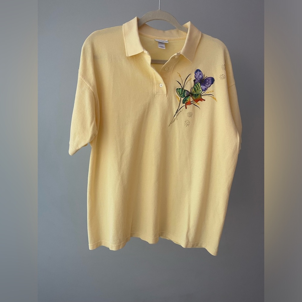 Cotton Deluxe By Anvil Women’s Polo In Yellow With Butterflies Size XL